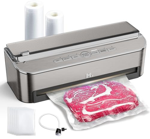 Mesliese 85 kPa 120 W Machine Sous Vide Alimentaire, Système D'étanchéité Puissant, Cutter Intégré, Rangement de Sacs, Mode Humide et Tuyau D'aspiration D'air, 2 Rouleaux de Sac (Argenté)