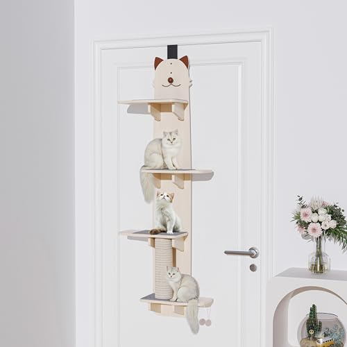 Door Hanging Cat Shelf,67 Inch Over The Door Cat Tree,4 Levels of Jumpable Platforms,with Kitten Scratching Post & Bell Ball,for Kittens Jumping & Playing,Multi-Layer Solid Wood Board (Beige)