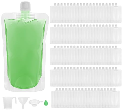 WHQLANG 100 PCS Drink Pouches with Caps and Funnel, Plastic Water Bags Reusable Leak-Proof Liquid Squeeze Pouches Portable Lightweight for Cold & Hot Drinks for Sports Events Music Festivals Travels
