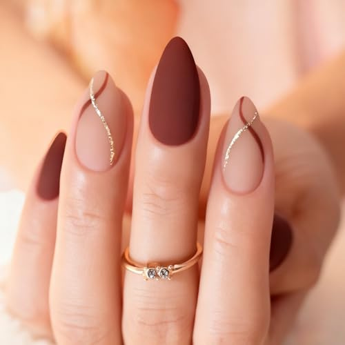 Christmas Short Press On Nails Almond, 24PCS Acrylic Red False Nails & Short Nails Press-On with Red & Gold Line Design, Reusable Burgundy Fake Nails Manicure Kits for New Year Christmas Nail DIY