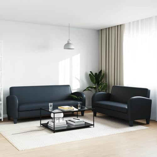 GeenYuu 2-TLG. Sofa-Set Kunstleder Schwarz, Robustes Wohnzimmer Couchgarnitur mit Holzrahmen, bequemes Polstersofa für Zuhause, modernes Design