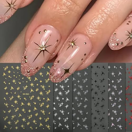 Zosutetoxo Stickers, 6PCS Self-adhesive Star Nail Stickers, Nail Art Laser Star Stickers in Y2K Style as Nail Design Accessories for Women and Girls