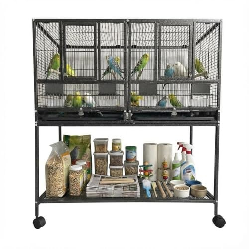 Vogelkäfig groß, Doppelkäfig Vögel mit 4 Rollen, Trennwand & Futternapf, Vogelvoliere aus Metall mit 4 Holzstangen & herausziehbarer Reinigungswanne, Zuchtkäfig geteilter Vogelhaus 94x45x106cm