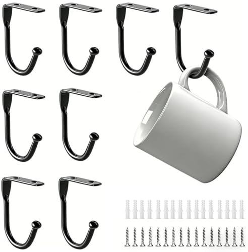 xingriziXFL 8 Pcs Cup Hooks Metal Mug Holders Under Shelf or Cupboard Mug Hooks with Screws for Kitchen Utensil Storage Like Pans, Spatula, Coffee/Tea Cups (Black)
