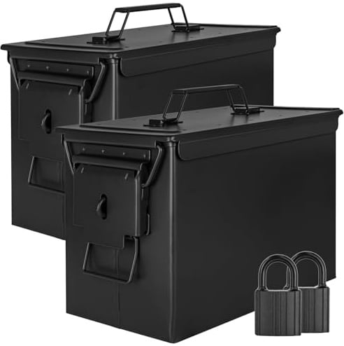 Trucky 2x Munitionsbox mit Schloss 33x19x23 cm Ammo Box Metallkiste Metallbox Munitionskiste Aufbewahrungsbox mit Deckel Army Schwarz Metall