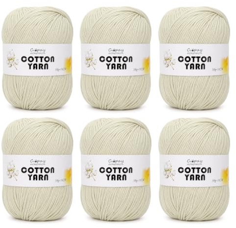 Coopay 100% Cotton Yarn 6×50g, Soft 8ply Cotton Yarn for Crochet & Knitting, Cotton Crochet Yarn for Dishcloths, Baby Blankets, Wearables, Bags (Beige)