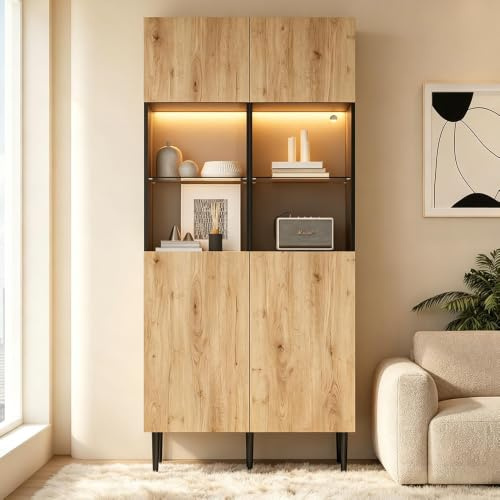 Sweiko Meuble Vitrine avec Rangement & LED | 180x35x80 cm, Étagères Réglables, 2 Portes, Bois Recyclé, Idéal pour Vaisselle et Déco