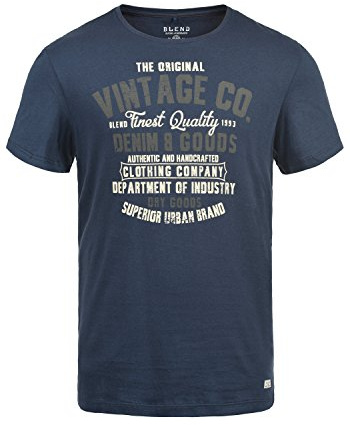 Blend Vadim Herren T-Shirt Kurzarm Shirt mit Print und Rundhalsausschnitt, Größe:M, Farbe:Mood Indigo (74648)