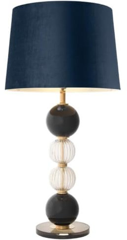 Casa Padrino Luxus Tischleuchte Antik Messing/Schwarz/Blau Ø 50 x H. 96 cm - Runde Wohnzimmerlampe mit Samt Lampenschirm