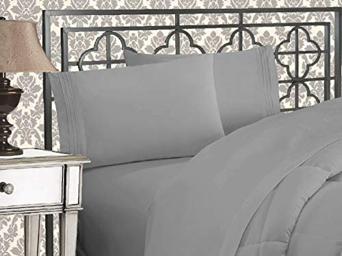 Elegant Comfort TM Luxuriöses Bettwäsche-Set aus ägyptischen DREI Linien, Bestickt, weich, Premium-Hotelqualität Modern Split King Silber-hellgrau