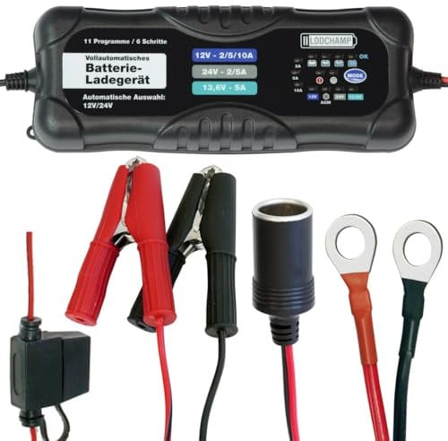 LODCHAMP, 10A/5A Intelligentes Batterieladegerät, 12V/24V KFZ/LKW Ladegerät, Erhaltungsladegerät mit Desulfator und Komfortstecker, Polklemmen und Ringösenkabel
