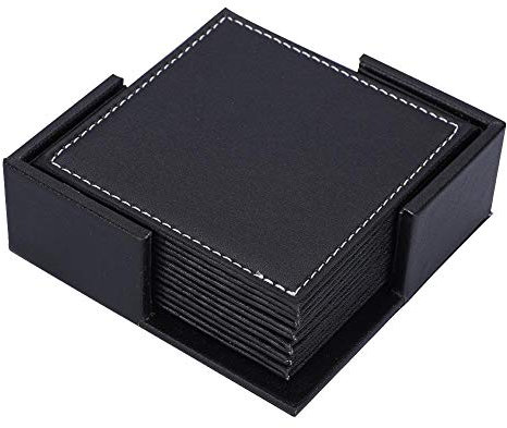 6 pièces sous-verres pour boissons, tapis de tasse en cuir carrés/ronds avec support, décor pour table basse de bureau(Coaster carré noir)