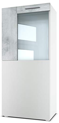 Vladon Vitrine de cinéma, Blanc Mat/Aspect béton oxyde - Vitrine Moderne en Verre - (LxHxP) : 50,5 x 111 x 32,5 cm