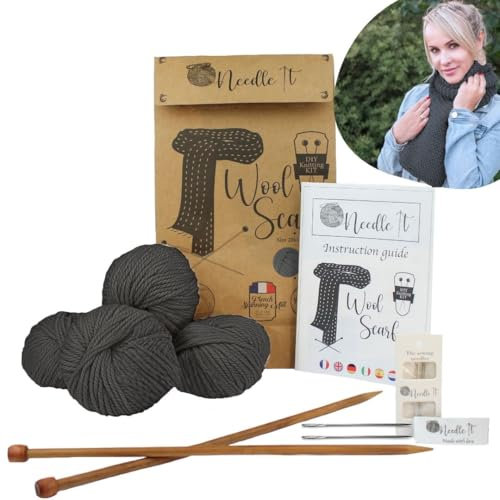 Needle It® - Komplettes Strickset für Anfänger mit Stricknadeln - Strickschal aus Wolle - Geschenkidee (Grau)