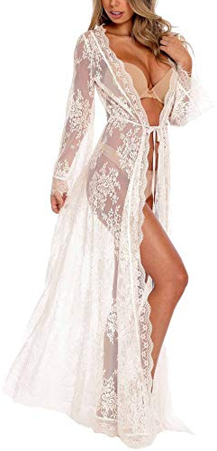 Orshoy Damen Sexy Spitze Kimono Cardigan Bikini Cover Up Sommer Strandpocho Kaftan Strandkleid Sommer Bademode Spitze Negligee Nachtwäsche