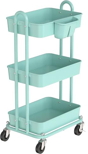 Simple Houseware 3-stufiger multifunktionaler Rollwagen mit 2 Trennwänden und Hängeeimer, Türkis