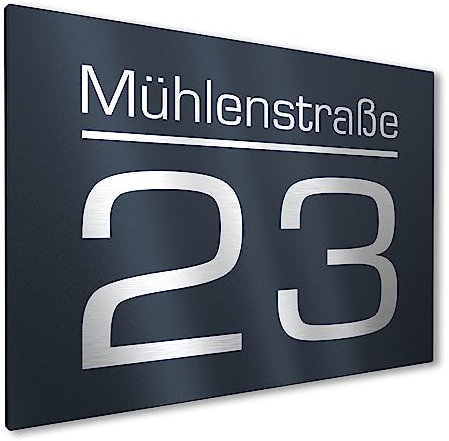 Graviers Design Modernes Hausnummernschild mit Gravur aus Aluminium Verbindungsplatte 380x264mm - Anthrazit RAL 7016 - Wetterfest Rostfrei Individuell anpassbar Straße Nummer - Made in Germany