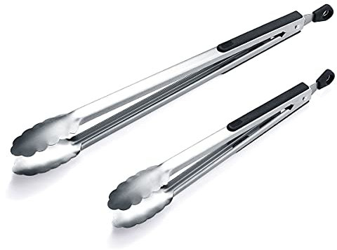 HOMQUEN 12'' und 16'' Grillzange, Edelstahl Grillzange, Premium Grillzange zum Kochen, Metallzange für Massives Fleisch, Verriegelnde Küchenzange, Stilvolle Robuste Kochzange