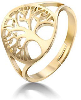 Dreamtimes Baum des Lebens Hohler Ring Hochglanzpolierter Edelstahl Hohler Ring Öffnung Einstellbar Einfaches Rundes Design Modeschmuck Ehering Wikinger Glücksring für Damen und Herren (Gold)