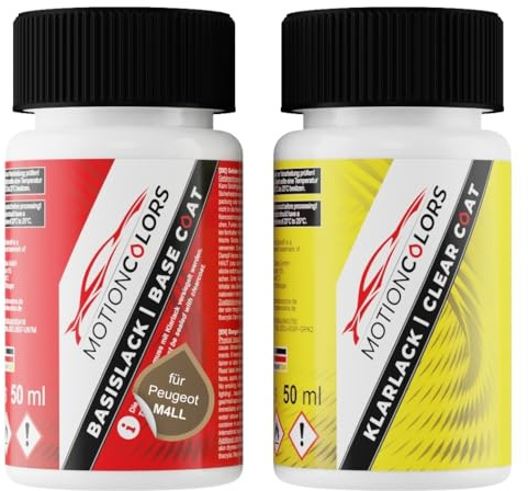 MOTIONCOLORS Beige Pyrite Nacre Me. M4LL für Peugeot Lackstift +1K 2x50ml | Beige Pyrite Nacre Metallic, Autolack, Set aus Basislack + Klarlack, Lackfläschchen je 50ml