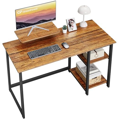 GreenForest Computer Desk with Monitor Stand,120cm Home Office Desk with Reversible Storage Shelves,Study Desk for Small Spaces,Brown