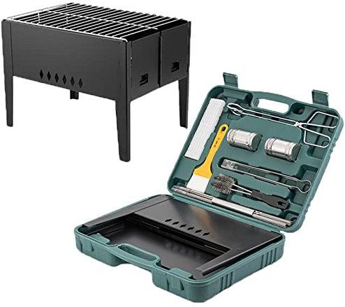Barbecue Charcoal Grill Portable 10 Pieces Folding Flat Top Smoker BBQ Rustproof with Toolbox for Outdoor Cooking Camping Picnics Beach,Black,35 * 24 * 25cm