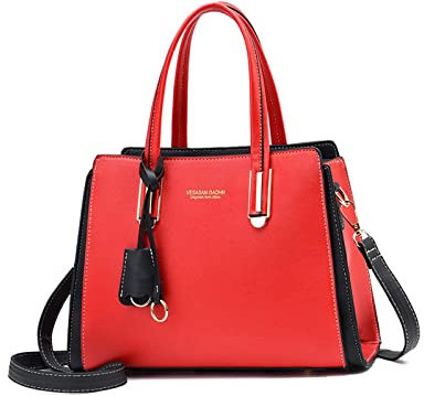 NICOLE & DORIS Handtasche Damen Elegant Handtaschen Kontrastfarben Schultertasche Frauen Umhängetasche Shopper Tote Henkeltasche mit Anhänger Rot