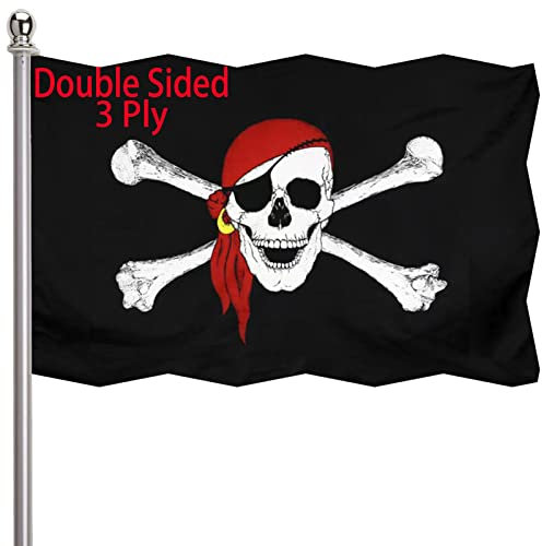 Pirate Jolly Roger Bandera, 3 x 5 pulgadas, doble cara, 3 capas, color vivo, patrón transparente, reforzamiento, costura, poliéster duradero con 2 ojales de latón