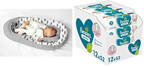 Multifunktionale Kuschelnest Babynest Kokon für Babys und Säuglinge, Nestchen, Reisebett, 100 Prozent Baumwolle & Pampers Sensitive Baby Feuchttücher ohne Duft (12 x 52), 624 Tücher