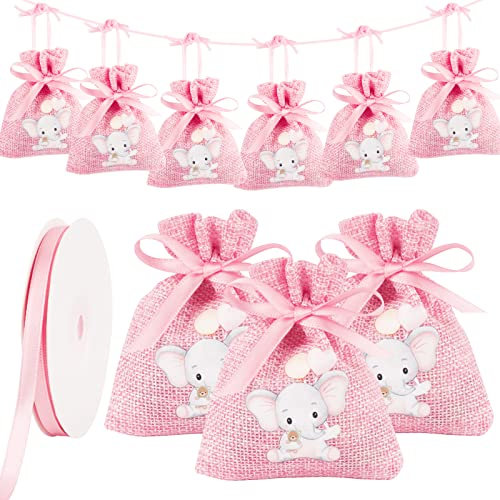 24 Pcs Jute Kordelbeutel 8 x 10cm Rosa Jute Säckchen mit Baby Elefant Bügelbilder Muster Kleine Kordelzugtaschen für Babyshower Partydeko Baby Geburt Taufe Geschenksäckchen usw.