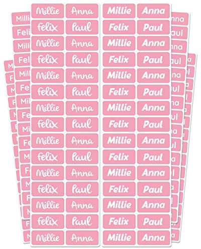 melu kids® Namensschilder für Kleidung & Gegenstände (60 Stück, einfarbig) Kindergarten/Schule - Namensaufkleber Kinder Wasserfest und Personalisiert - rosa