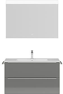 Lomadox Badmöbel Waschplatz Set mit 101cm Waschtisch, Spiegel und LED Beleuchtung, Griffleisten edelstahlfarben, Hochglanz grau, B/H/T ca. 101/169,1/48,7 cm