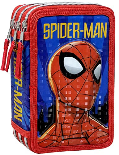 Clondo Spiderman Trousse Garçon, Étui Triple rempli Enfants, 44 Accessoires d'École Primaire, 20 Centimètres, 3 Fermetures Éclair, Compartiments Organisés, Superhéros
