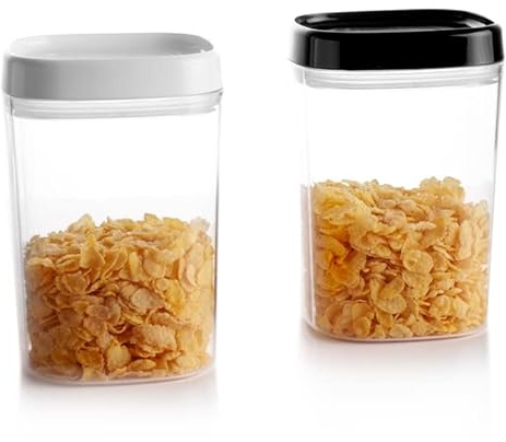 KADAX Boîte de rangement transparente en plastique avec couvercle, boîtes de conservation hermétiques pour farine, céréales, sucre et pâtes (lot de 2 : 1000 ml, blanc et noir)
