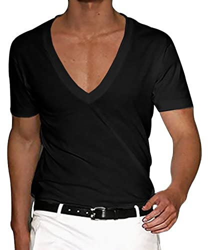 Vasreyy schwarzes Hemd Herren uv Shirt Herren Kurzarmhemd Herren Einfarbig Tiefer V-Ausschnitt Kurzarm T-Shirts Sport Shirt Frühling und Sommer Casual Kurzarmshirt Tees t-Shirt (Schwarz, XL)