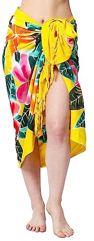 SAIVONA Pareo Sarong Strandtuch Damen-Wickelrock Strand-Handtuch Wickeltuch oder Handtuchkleid und Wickelkleid Damen-Handarbeit aus Fair Trade Herstellung Batik Blume Gelb Bunt