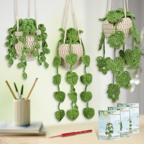 Crochet Kit for Beginners, 3 Pcs Hanging Potted Plants Crochet Starter Kit with Step-by-Step Instructions and Video Tutorials Complete Crochet Kit for Beginners Decoration (Leaf Potted Plant)