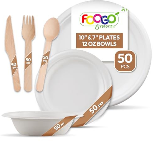 FOOGO Green 300pcs Disposable Sugarcane Fibre Strong Paper Plates, Bowls and Wooden Cutlery Set, FSC® Certified, 50x Large Round, 50x Small Plates, 50x Bowls, 50x Forks, 50x Knives, 50x Spoons