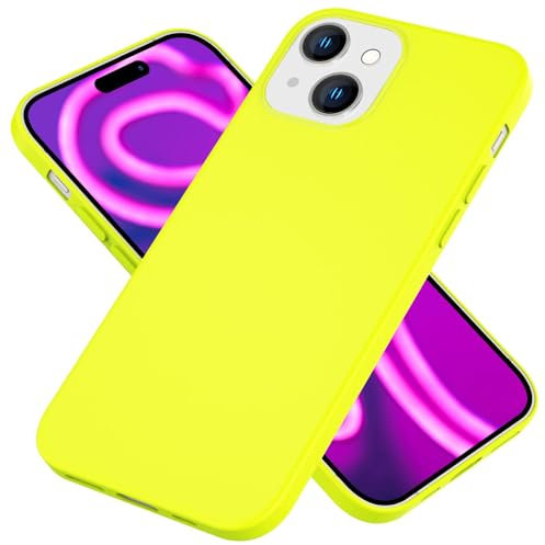 NALIA Soft Neon Cover compatible with iPhone 15 Case, Intense Colorful Non-Slip Velvet Smooth Coverage, Matt Luminous Shockproof Silicone Bumper, Slim Rubber Mobile Phone Protector Skin, Color:Yellow