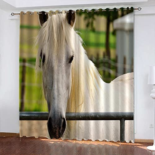 Boys Verdunkelungsvorhang-Set Für Schlafzimmer 3D-Druck Tierisches Weißes Pferd Vorhänge Für Kinderzimmer Schiebegardine Blickdicht Für Dekoration Wohnzimmer Hotelbüro Esszimmer 140 (B) X 160 (H) cm