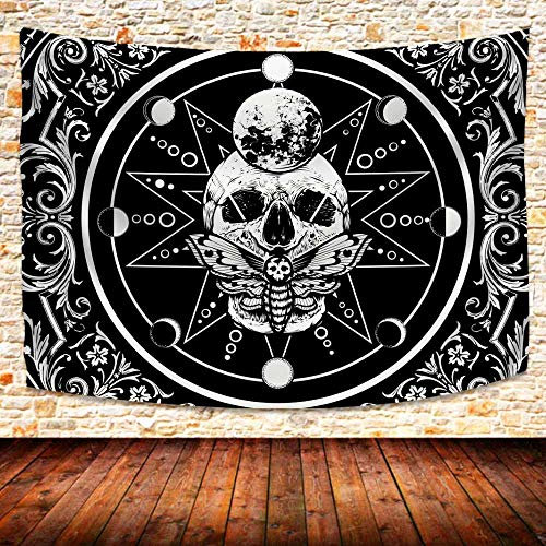874 Wandbehang Witchy Gothic Moon Lunar Mystical Moth Moon Skull Schwarz Und Weiß Chic Tapisserie Langlebig Wandtuch Für Deko Wohnzimmer Geschenke,130X150Cm