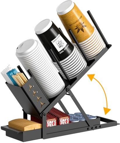 RCHYFEED Cup and Lid Holder with Straw Holder, Metal Cup Holder for Countertop, 5 Compartment Coffee Station Organizer Cup Holder for Coffee Bar Accessories, Disposable Cup Lid Organizer