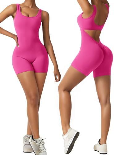 Vertvie Damen Jumpsuit Kurz Eng Scrunch Butt Bodysuit Sexy Rückenfrei Ärmellose Playsuit Stretch Sport Overall One Piece Ganzkörperanzug Romper Yoga Fitness Workout (Rose,L)