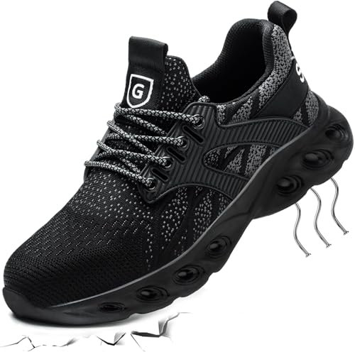 Zapatos de Seguridad Hombre Mujer Zapatillas de Trabajo con Punta de Acero Cómodas Ligeras Zapatos Deportivos Transpirables Calzado de Construcción Negro Gris 39 EU