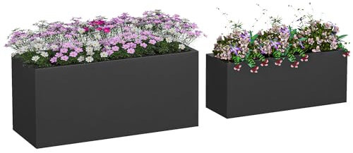 Outsunny Set da 2 Vasi da Giardino Rettangolari, Vasi per Piante e Fiori Impilabili da Esterno e Interno, Nero