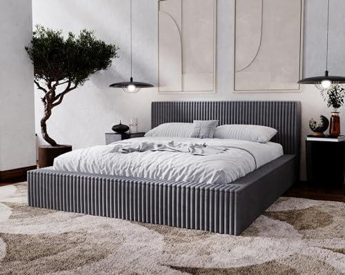 Emporius Doppelbett 200x200 Buffy - Polsterbett mit Dicker Schaum, Lattenrost, Bettkasten - Schlafzimmerbett 200x200, Design Bett (Dunkelgrau - Vito 18)