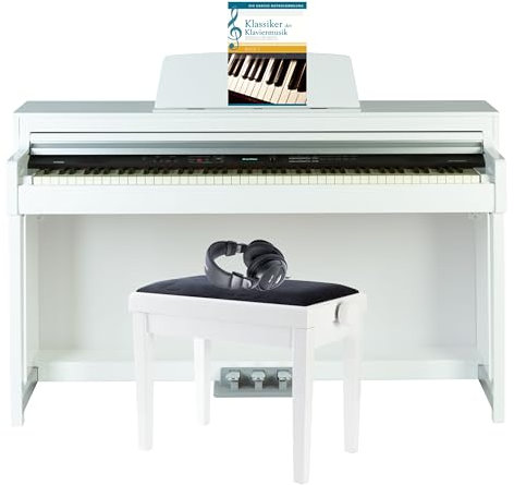 Fame E-Piano Set in Weiß, 88 Tasten, Hammermechanik, 181 Sounds, 50 Styles, 256-fache Polyphonie, USB MIDI, Audio Interface, Effektprozessor, inklusive Klavierbank, Notensammlung, Kopfhörer