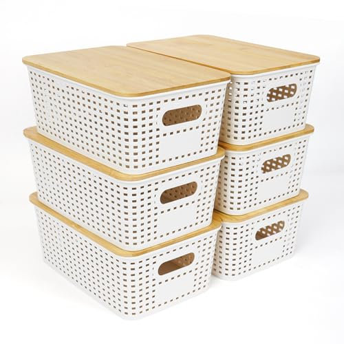 UHAPEER Caja de Almacenamiento Con Tapa de Bambú, 6 Unidades de Cesta de Plástico, Organizador de Cocina, Color Blanco, Cajas Apilables