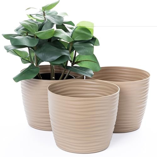 Home Garden Ornaments Plant Pots Indoor – Set of 3 Plastic Flower Pots, Unique Wave Design, No Drainage Holes, Indoor Plant Pot for Modern Home Décor (Taupe, 15cm / 5.9 inch)
