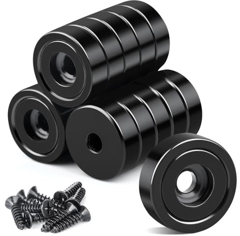 16 Stück Neodym Magnete Extra Stark, 16mm Schwarz Scheiben Magnete mit Loch, Magnete Stark Rund Senkkopf-Topfmagnet mit Schrauben zum Anschrauben
